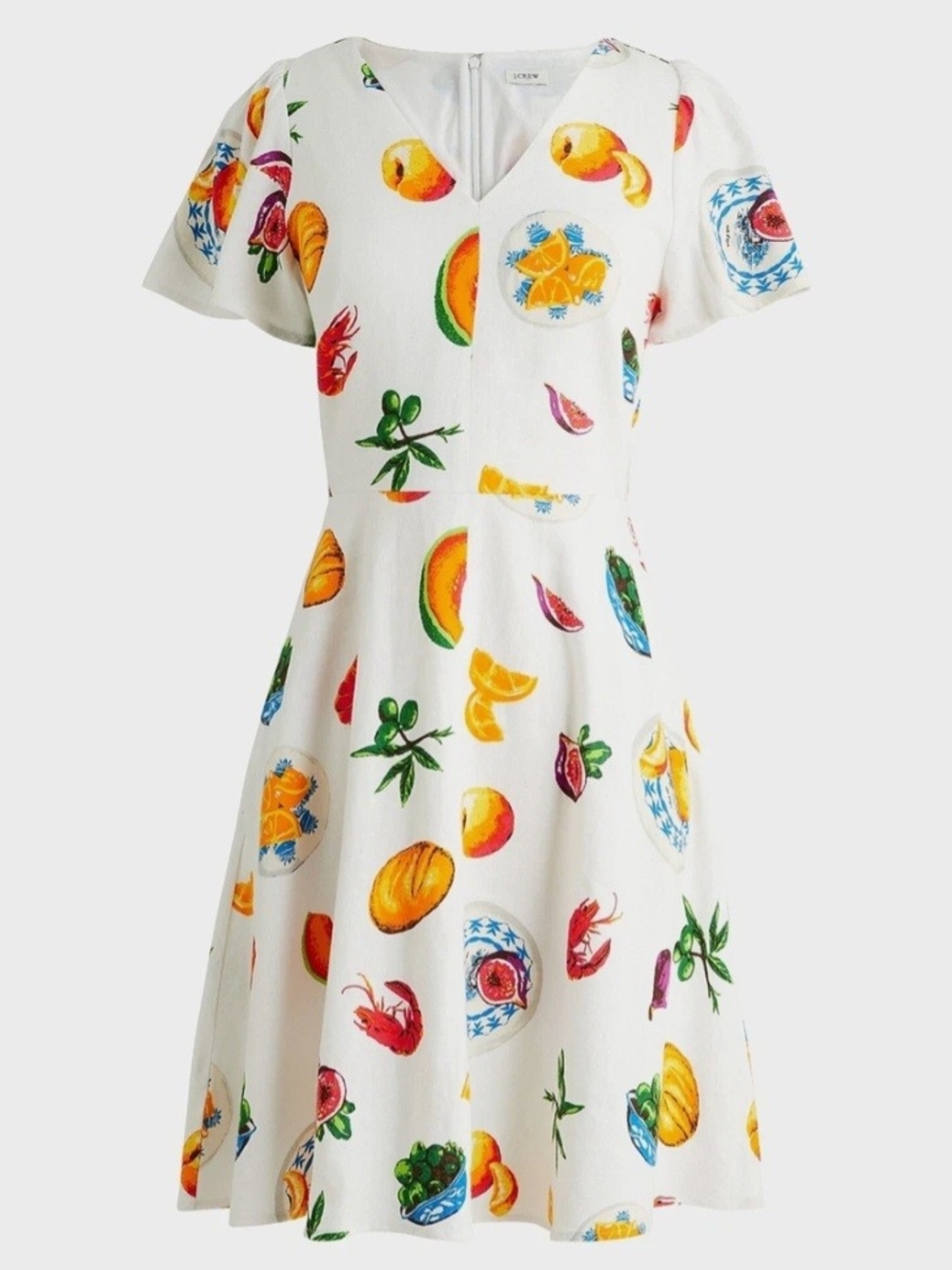 J. Crew White Linen Fit-and-Flare Dress with Colorful Fruit Print | Size 0 - NWT